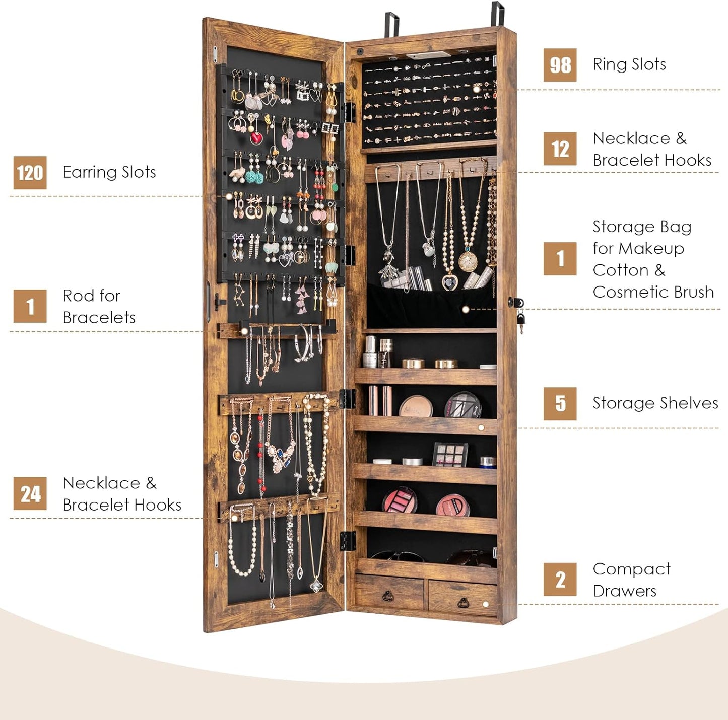Rustic Wooden Wall Mounted Jewelry Cabinet Large