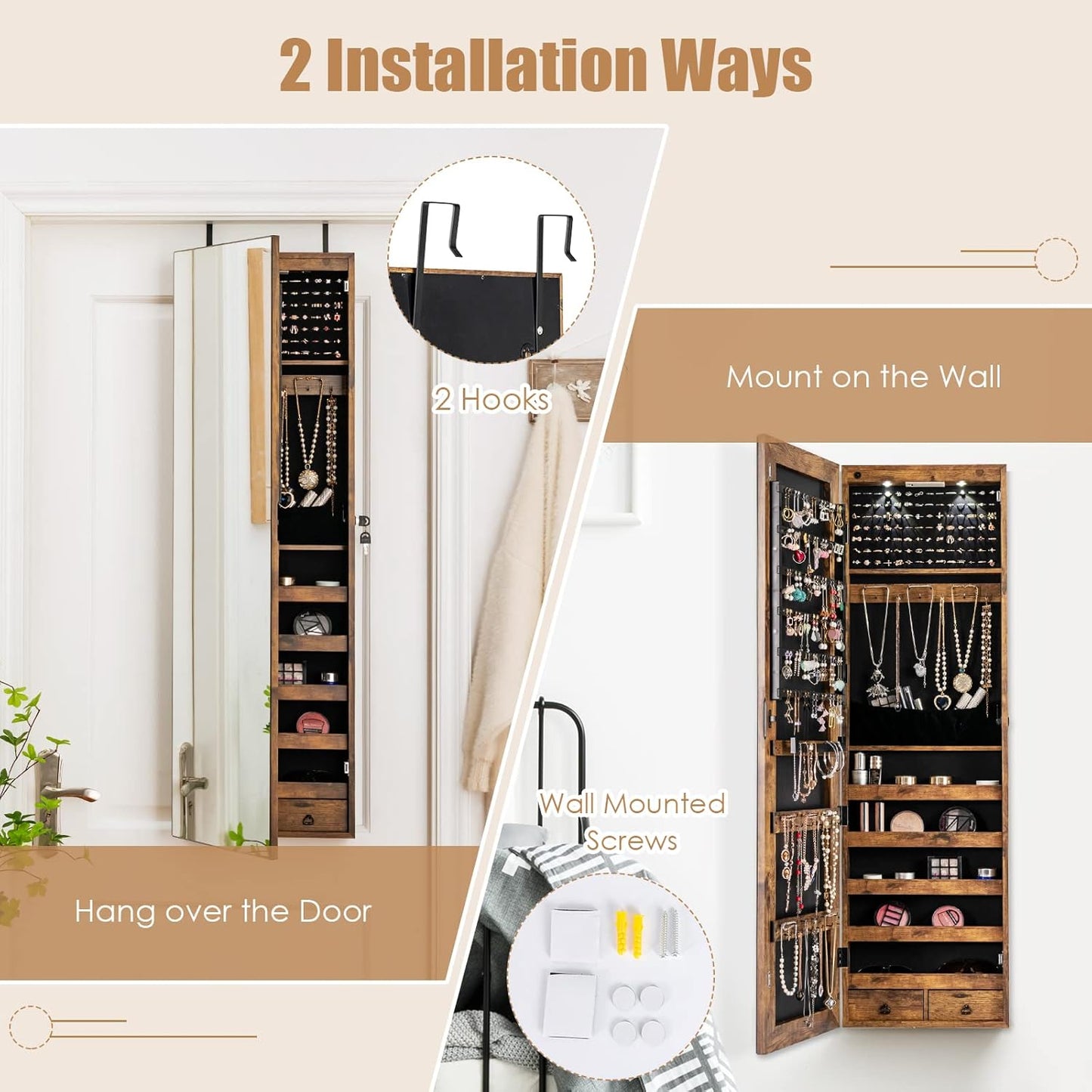 Rustic Wooden Wall Mounted Jewelry Cabinet Large