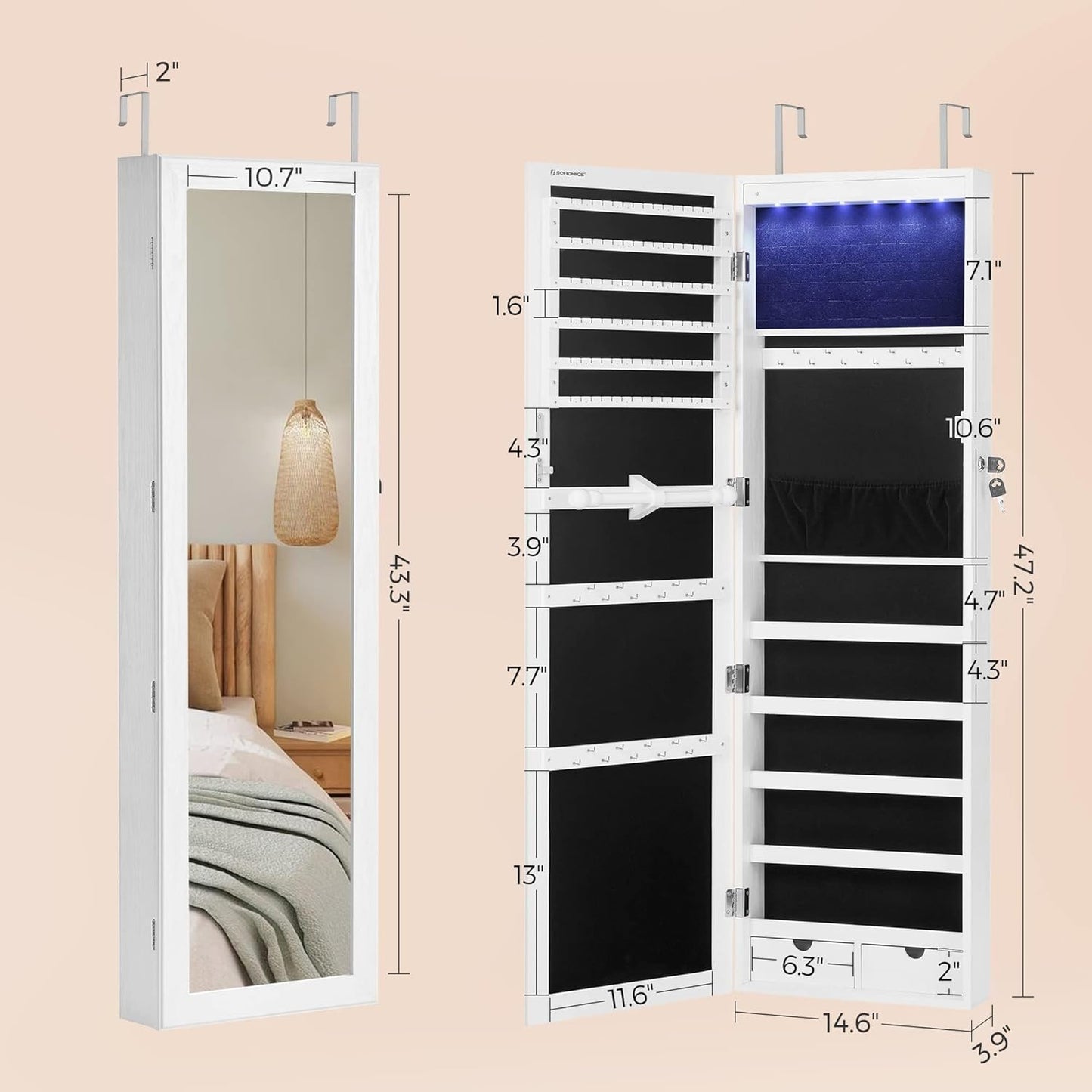 Large Wall Hanging Jewelry Cabinet with Mirror