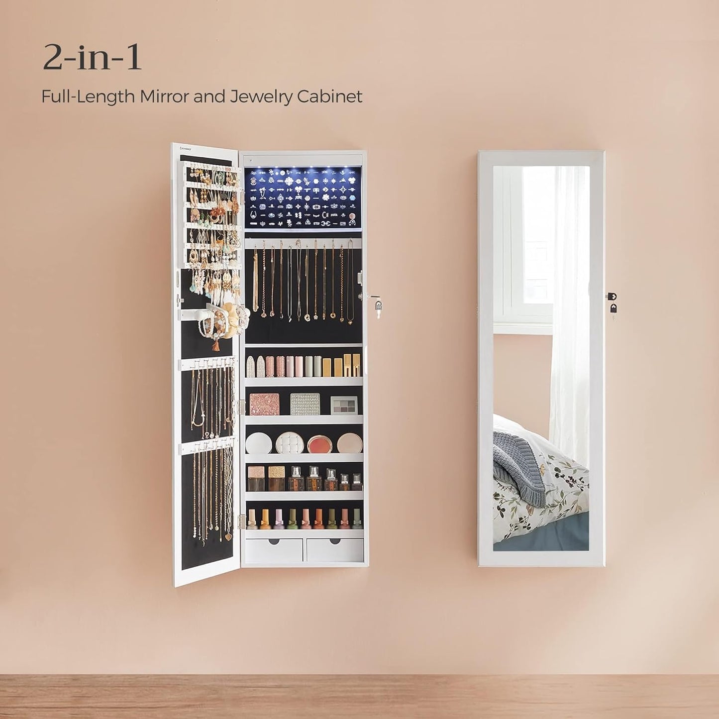 Large Wall Hanging Jewelry Cabinet with Mirror