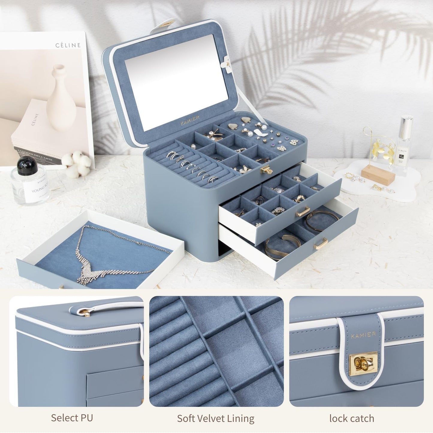 4 Layer Jewelry Organizer with Mirror 3 Drawers