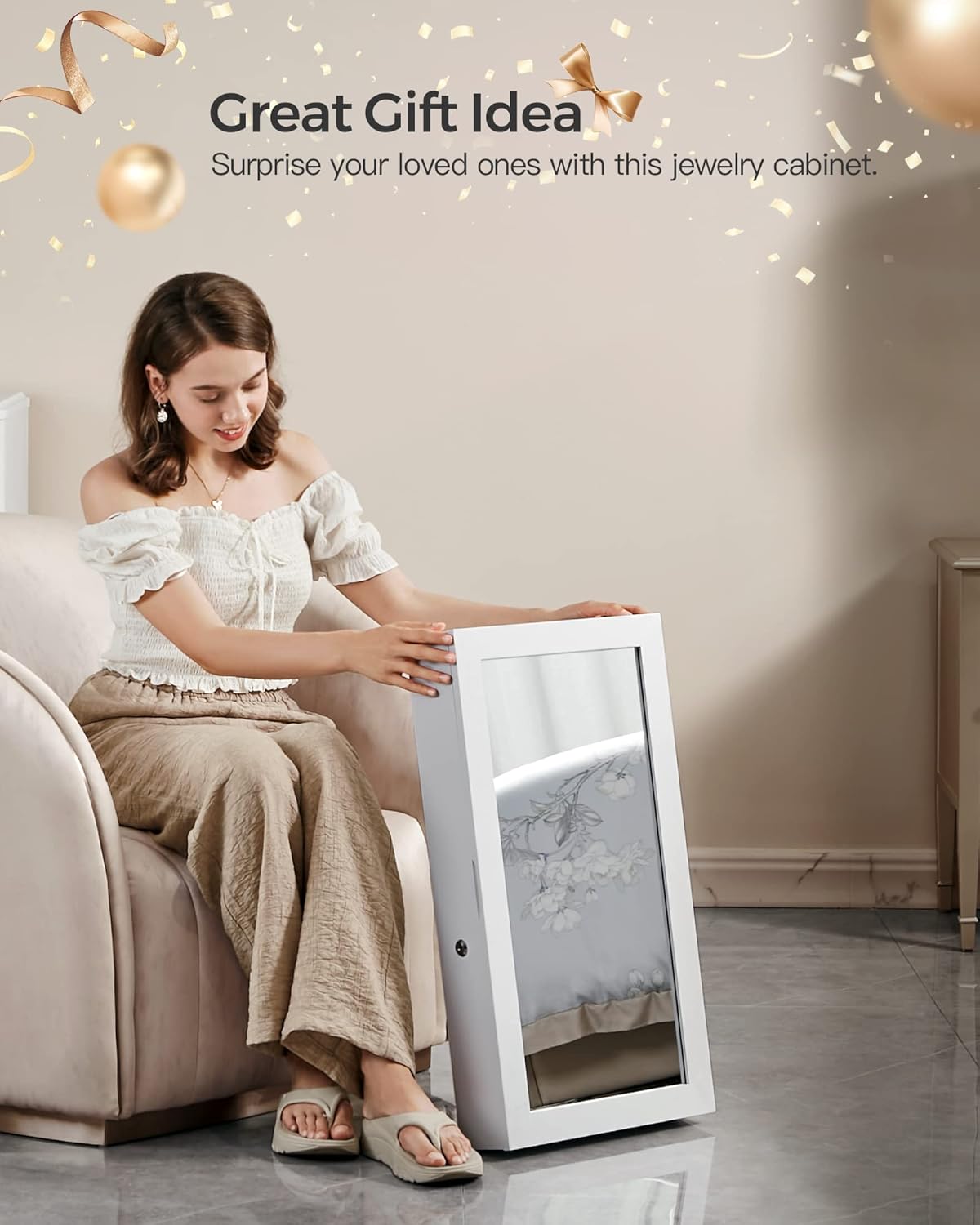 Lockable Jewelry Cabinet Armoire with Mirror