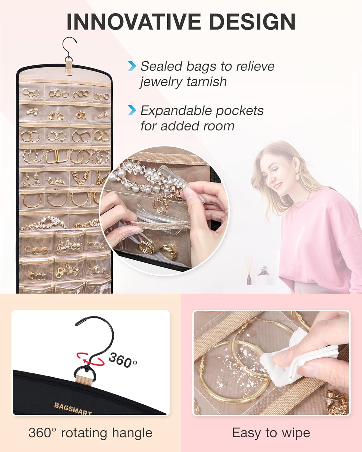 Dual sided hanging jewelry organizer with 20 Jewelry Bags