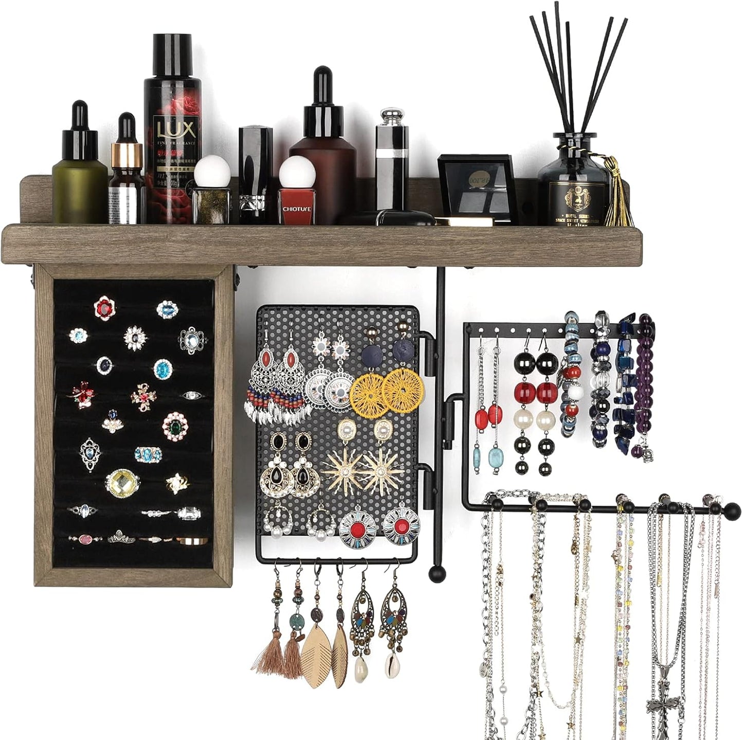 Wall Hanging Jewelry Organizer Wall Mount with Rustic Wood