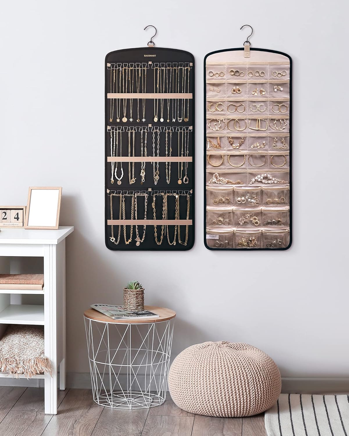 Dual sided hanging jewelry organizer with 20 Jewelry Bags