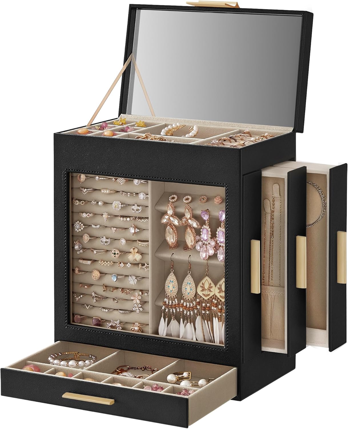 5-Layer Large Jewelry Storage Box with Mirror and 3 Side Drawers