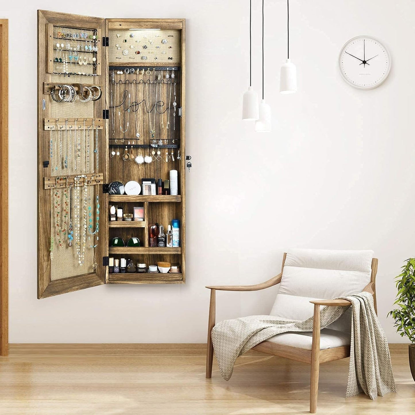 Solid Wood Jewelry Armoire Cabinet with Full Length Mirror