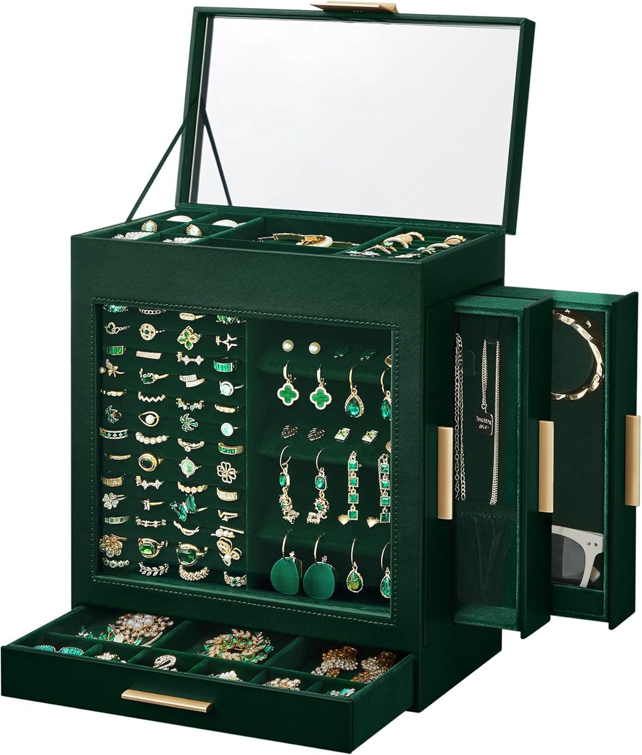 5-Layer Large Jewelry Storage Box with Mirror and 3 Side Drawers